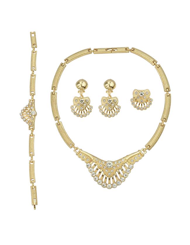 Romwe Beautiful Fan Shape Rhinestone Necklace Earrings Bracelet Rings Jewelry Set For Women