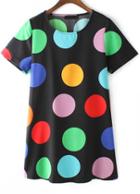 Romwe Black Short Sleeve Polka Dot Straight Dress