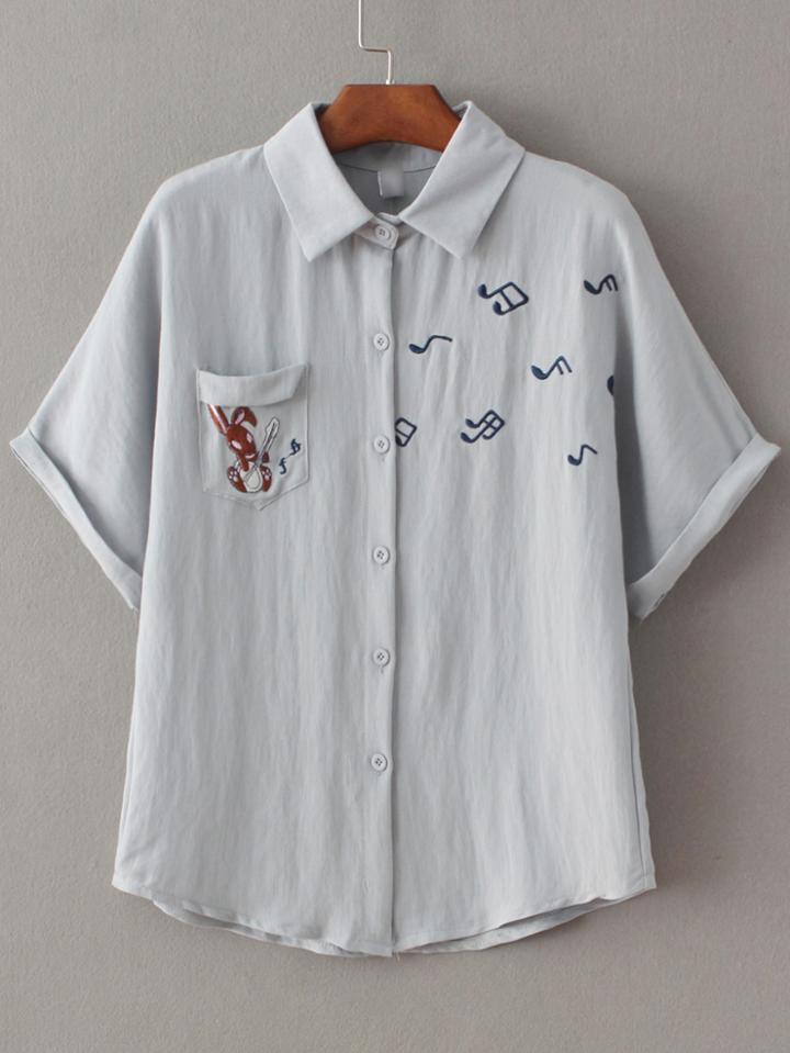 Romwe Grey Embroidery Roll-up Cuff Button Blouse