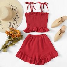 Romwe Frill Trim Pleated Cami Top With Shorts