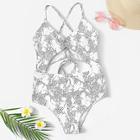 Romwe Lace-up Back Geometric One Piece Swimwear