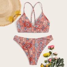 Romwe Tribal Print Lace-up Top With High Cut Bikini