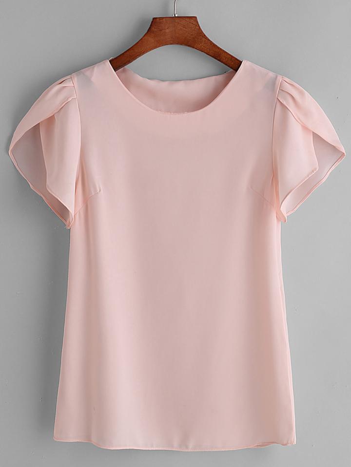 Romwe Pink Pleated Cap Sleeve Chiffon Blouse