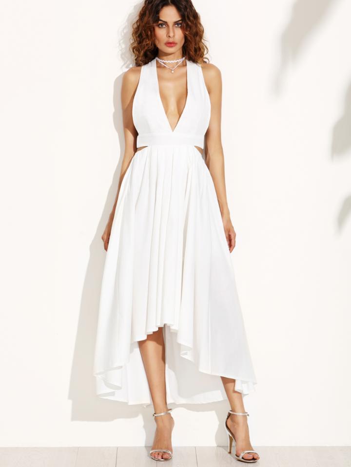 Romwe White Deep V Neck Open Back High Low Dress