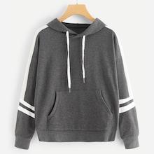 Romwe Striped Side Kangaroo Pocket Drawstring Hoodie