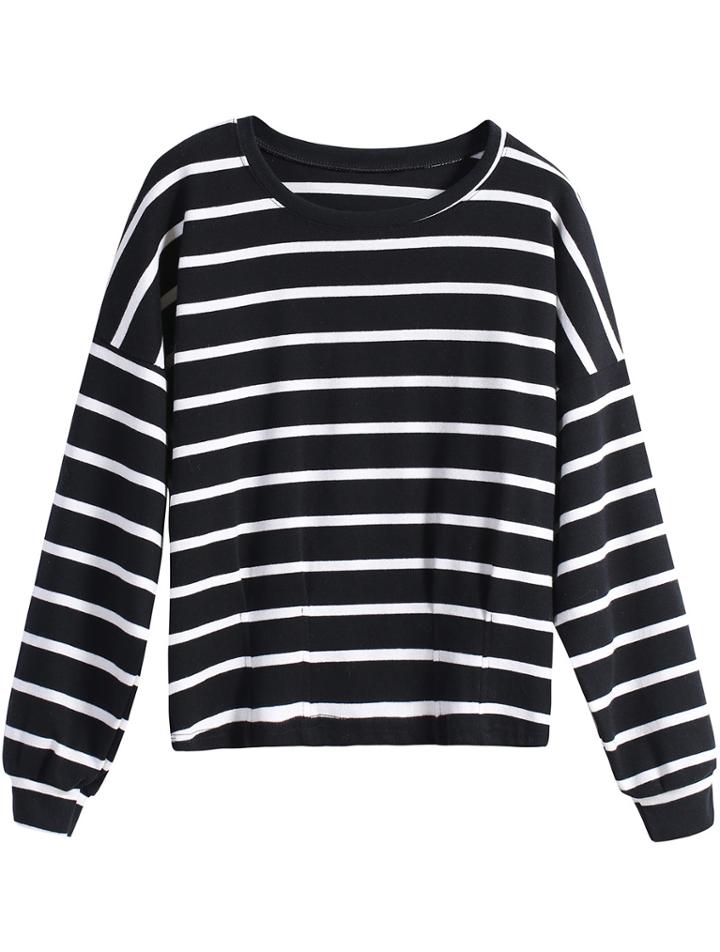 Romwe Round Neck Striped Loose Black T-shirt