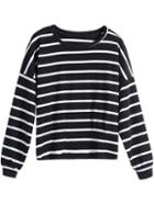 Romwe Round Neck Striped Loose Black T-shirt