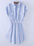 Romwe Sky Blue Roll-up Cuff Elastic Waist Stripe Dress