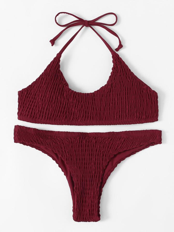 Romwe Shirred Halter Bikini Set