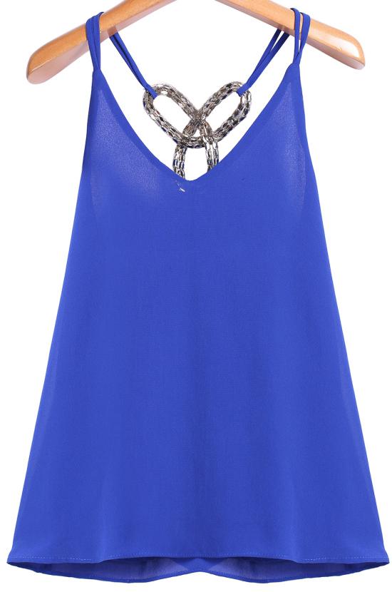 Romwe Metal Embellished Chiffon Blue Vest