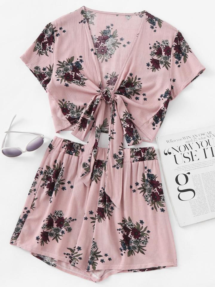 Romwe Plunging V-neckline Floral Print Random Knot Top With Shorts