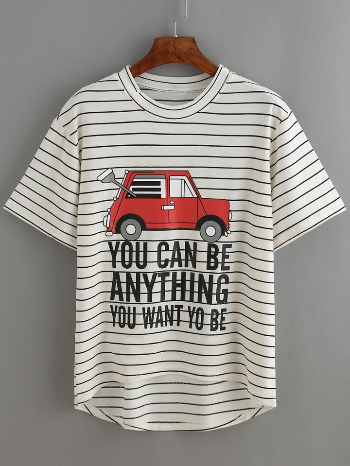 Romwe High Low Striped Car Print White T-shirt