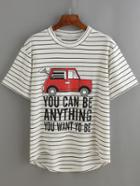 Romwe High Low Striped Car Print White T-shirt
