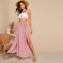 Romwe Shirred Waist Split Thigh Striped Skirt