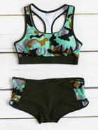 Romwe Army Green Camouflage Print Racer Back Bikini Set