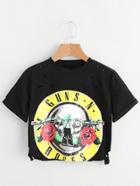 Romwe Rose Print Ripped Detail Crop Tee
