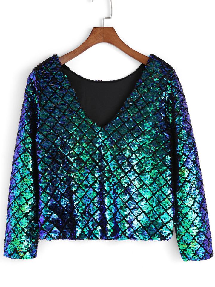 Romwe V Neck Long Sleeve Sequined T-shirt