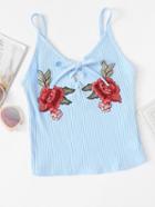 Romwe Lace Up Embroidered Floral Applique Cami Top
