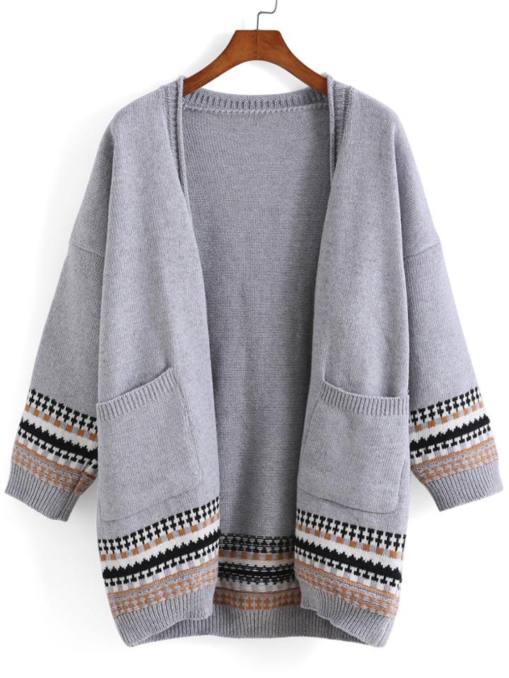 Romwe With Pockets Geometric Print Cardigan
