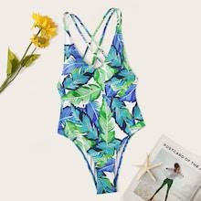 Romwe Watercolor Leaves Open Back One Piece Swimsuit