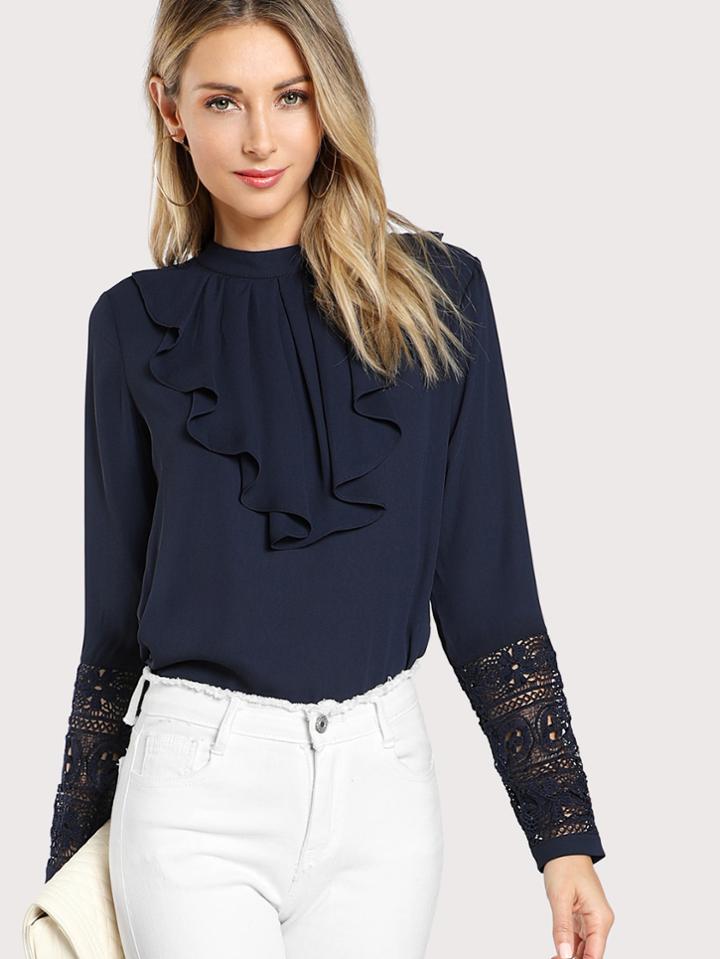 Romwe Keyhole Back Insert Lace Ruffle Top