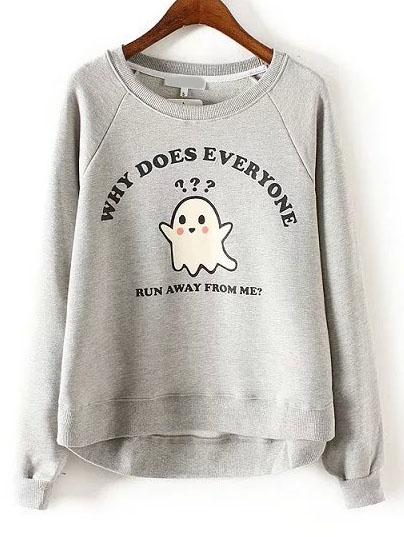 Romwe Cartoon Letters Print Grey Sweatshirt