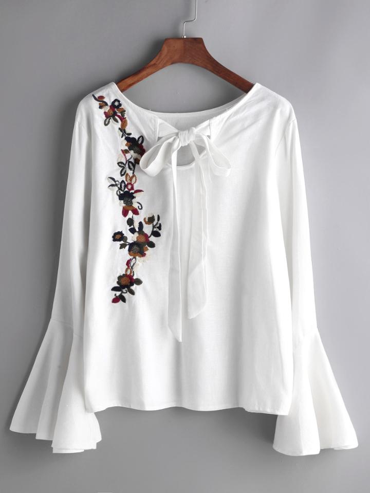 Romwe White Flower Embroidered Bell Sleeve Bow Tie Blouse