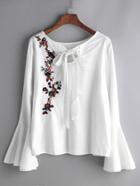 Romwe White Flower Embroidered Bell Sleeve Bow Tie Blouse