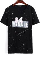 Romwe Bow Letter Print Black T-shirt