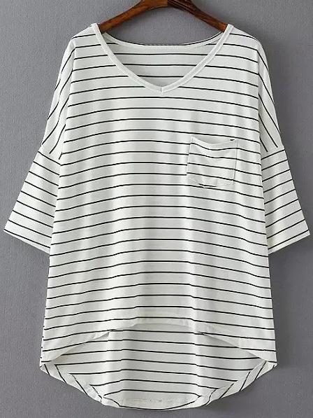 Romwe White V Neck Dip Hem Pocket Stripe T-shirt