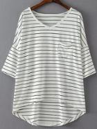 Romwe White V Neck Dip Hem Pocket Stripe T-shirt