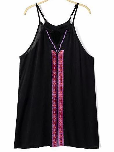 Romwe Black Halter Embroidery Spaghetti Strap Tank Top
