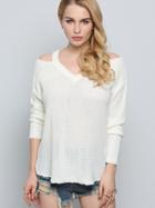 Romwe Beige Long Sleeve Off The Shoulder Sweater