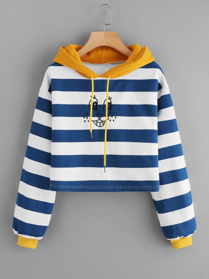 Romwe Smile Face Embroidered Striped Hoodie