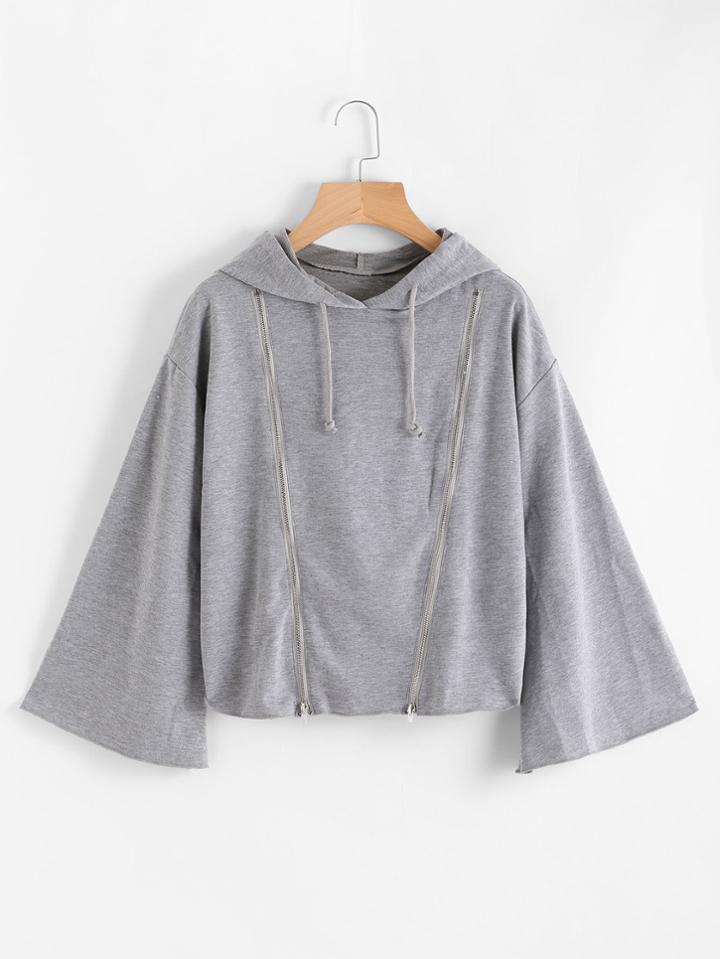 Romwe Hooded Drawstring Zip Detail Sweatshirt