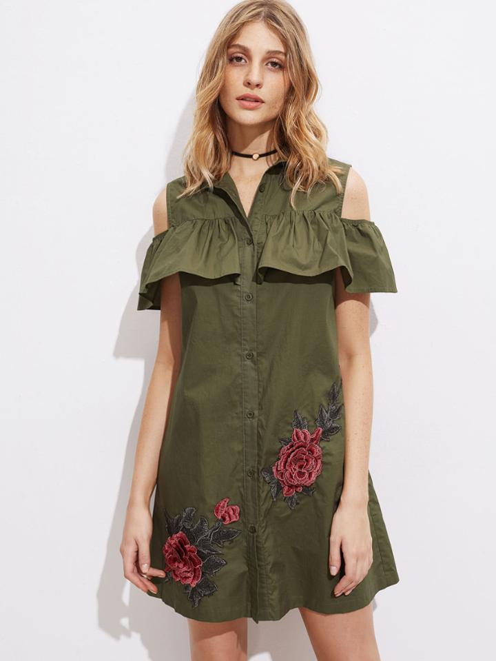 Romwe 3d Rose Patch Open Shoulder Flounce Shirt Dress