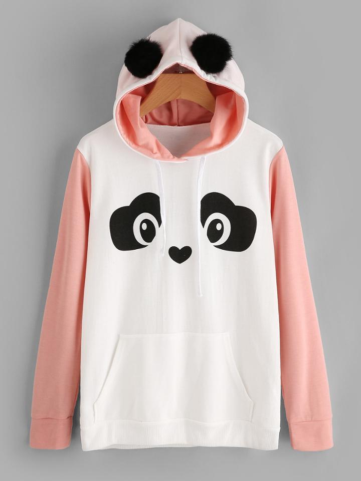 Romwe Contrast Sleeve Panda Hoodie With Faux Fur Ball