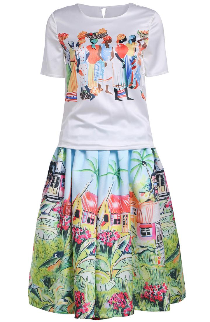 Romwe White Short Sleeve Print Top With Blue Pleated Skirt