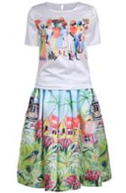 Romwe White Short Sleeve Print Top With Blue Pleated Skirt