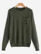 Romwe Army Green Ripped Pocket Slit Side High Low Sweater