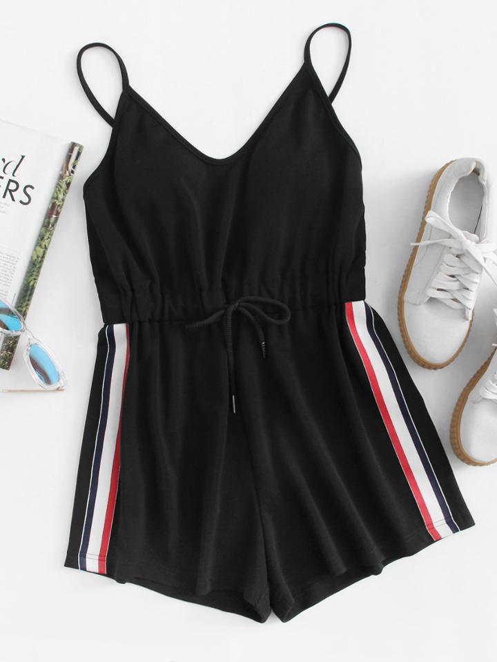 Romwe Striped Tape Side Cami Romper