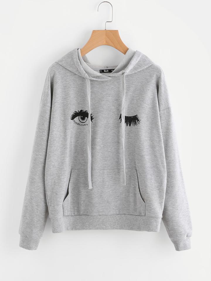 Romwe Wink Eye Print Kangaroo Pocket Front Hoodie