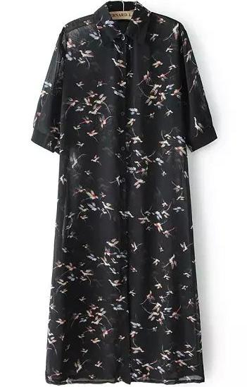 Romwe Lapel Bird Print With Buttons Chiffon Black Blouse