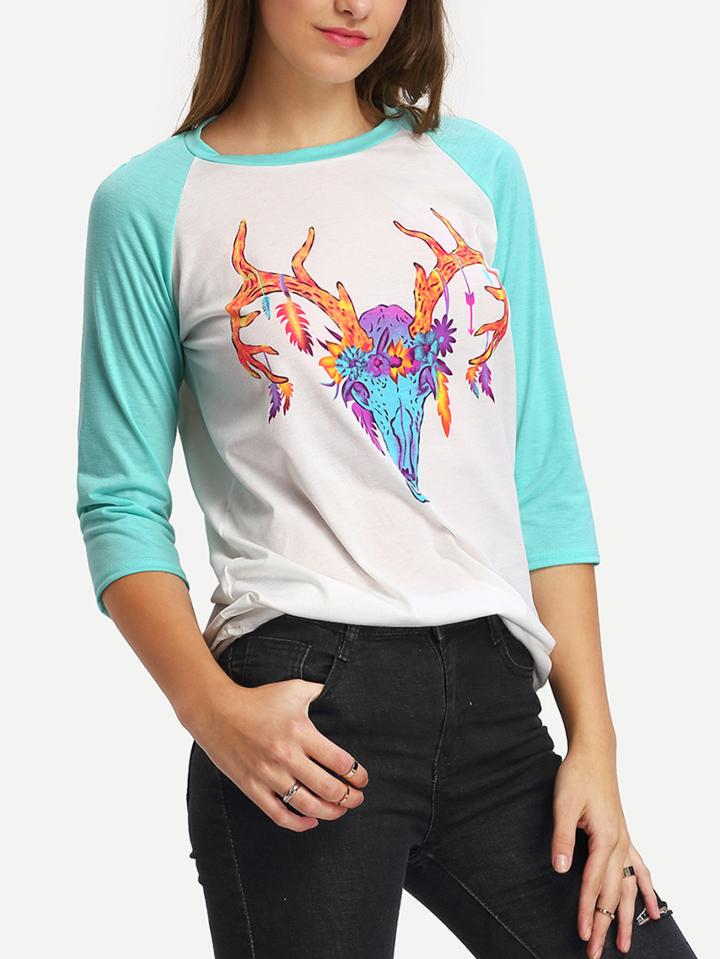 Romwe Contrast Raglan Sleeve Print T-shirt