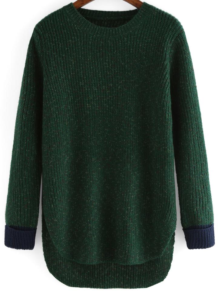 Romwe Green Round Neck Dip Hem Loose Sweater