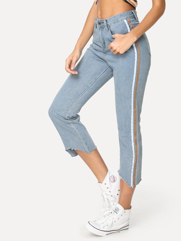 Romwe Stripe Side Asymmetric Hem Jeans