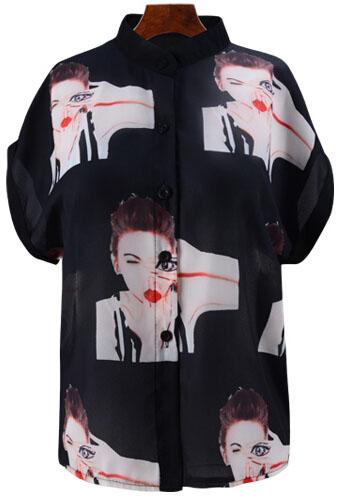 Romwe Stand Collar With Buttons Eye Print Blouse