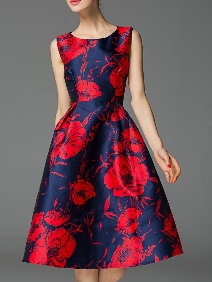 Romwe Navy Crew Neck Print A-line Dress