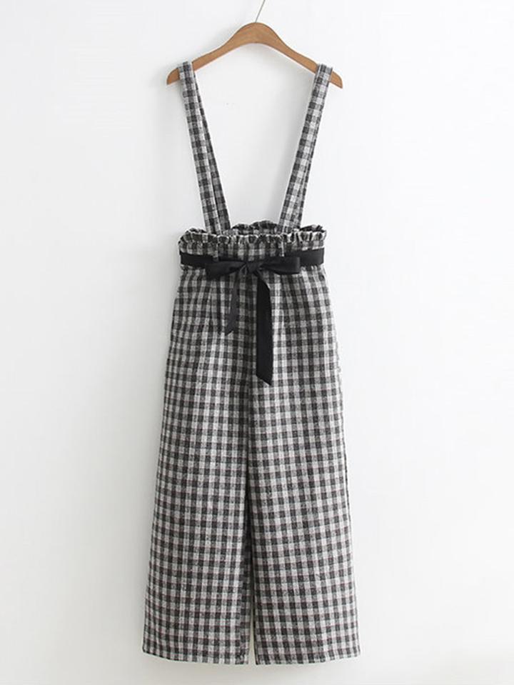 Romwe Self Tie Gingham Pants With Suspenders