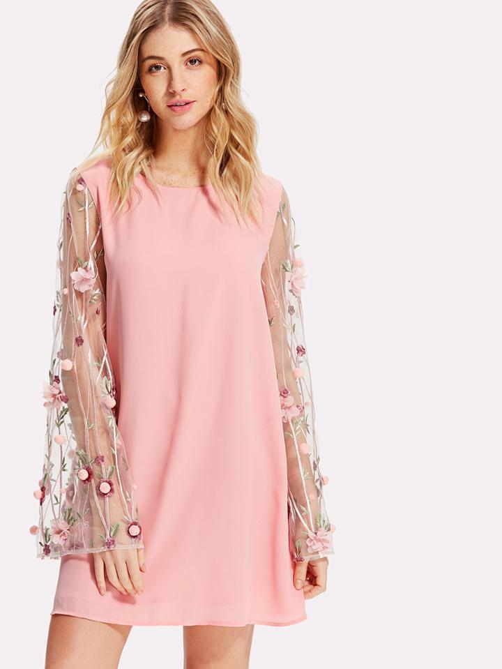 Romwe Flower Embroidery Pompom Detail Sleeve Dress